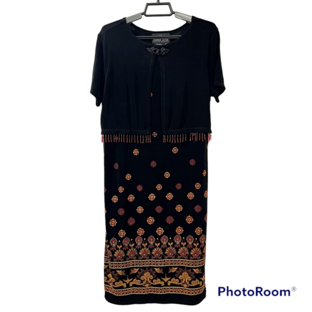 Carole Little Oriental Inspired Round Neck Dress with Mock Short Cardigan Sz 10